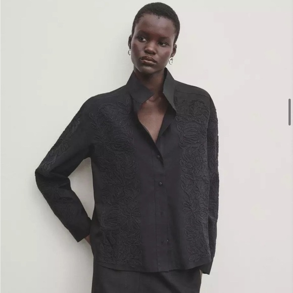 MASSIMO DUTTI 100% Cotton Poplin Shirt With Embroidered Detail In Schwarz - Picture 1 of 8